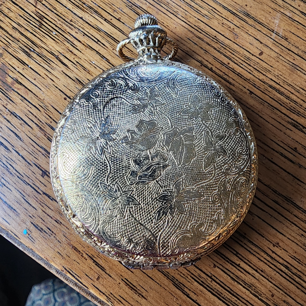 Vintage Max Factor Pocket Watch Style Powder Compact Gold Tone Floral
